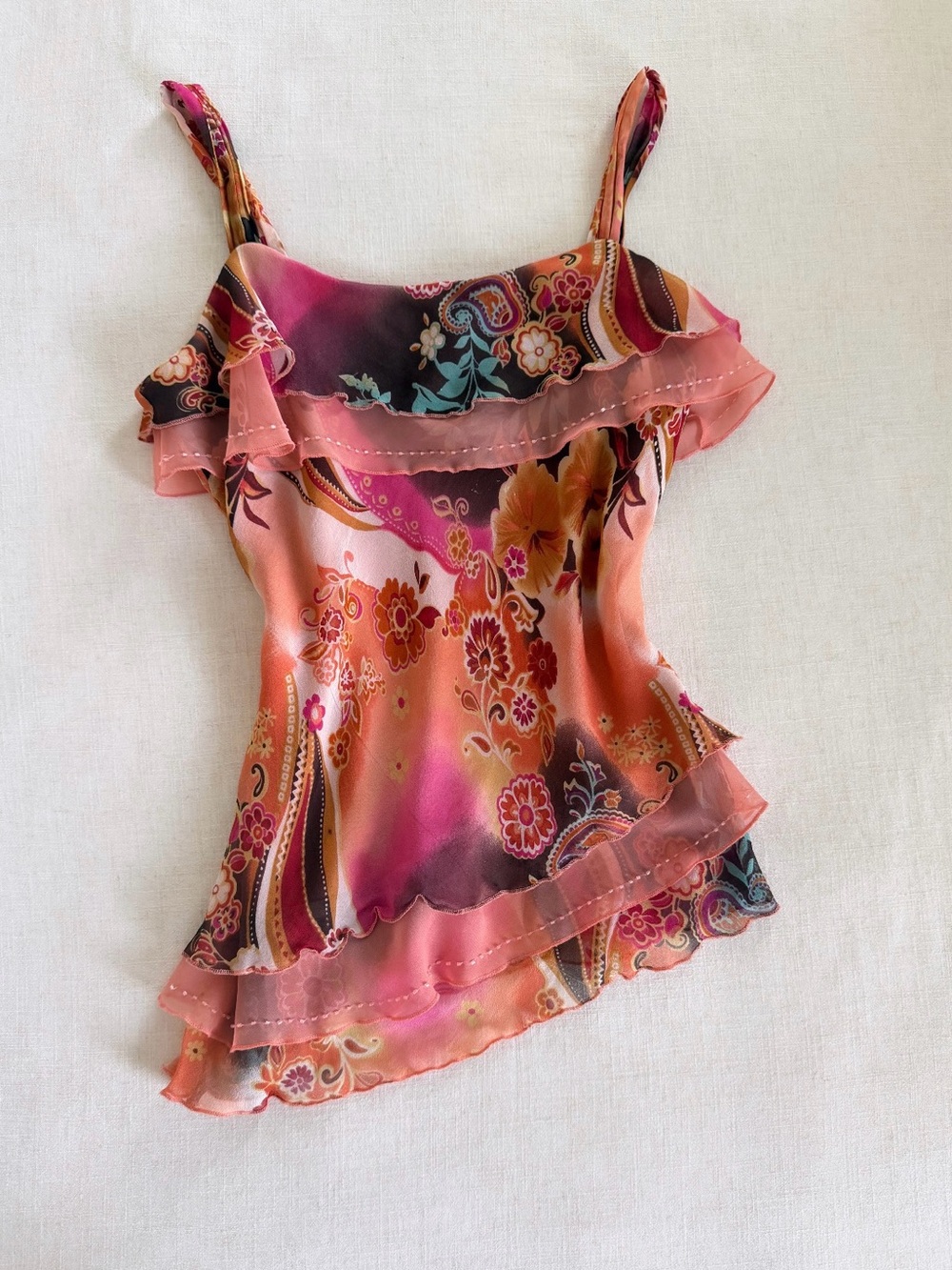 Vintage 100% Silk Embellished Beaded Tie Front
Boho Cami Top Orange
